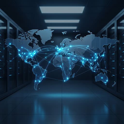 Sleek high-tech illustration of a global roaming network map with glowing data nodes inside a modern data center
