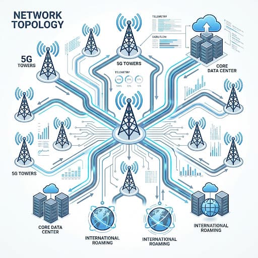 Network topology infographic showing 5G towers, core data centers, and international roaming connections